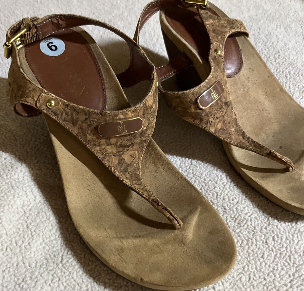 Lauren Ralph Lauren Sandals Women's 6 Tan Wedge Sandals Cork Strap Thong Slides - Picture 2 of 7